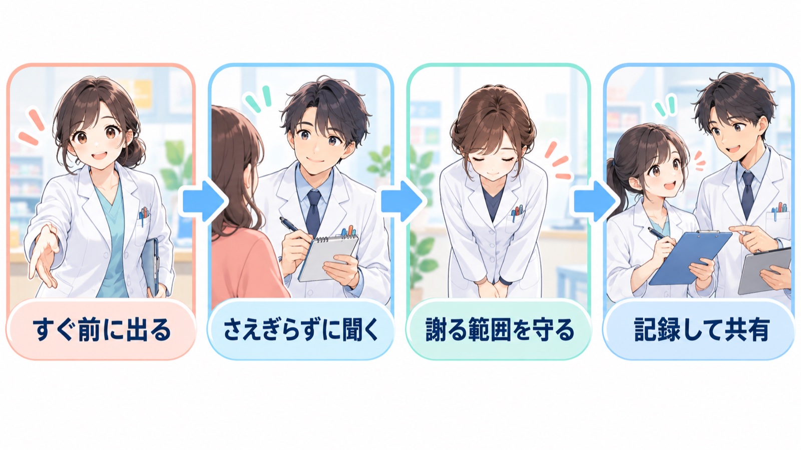 クレーム対応の初動の流れを4つの箱と矢印で示した図。すぐ前に出る、さえぎらずに聞く、謝る範囲を守る、記録して共有