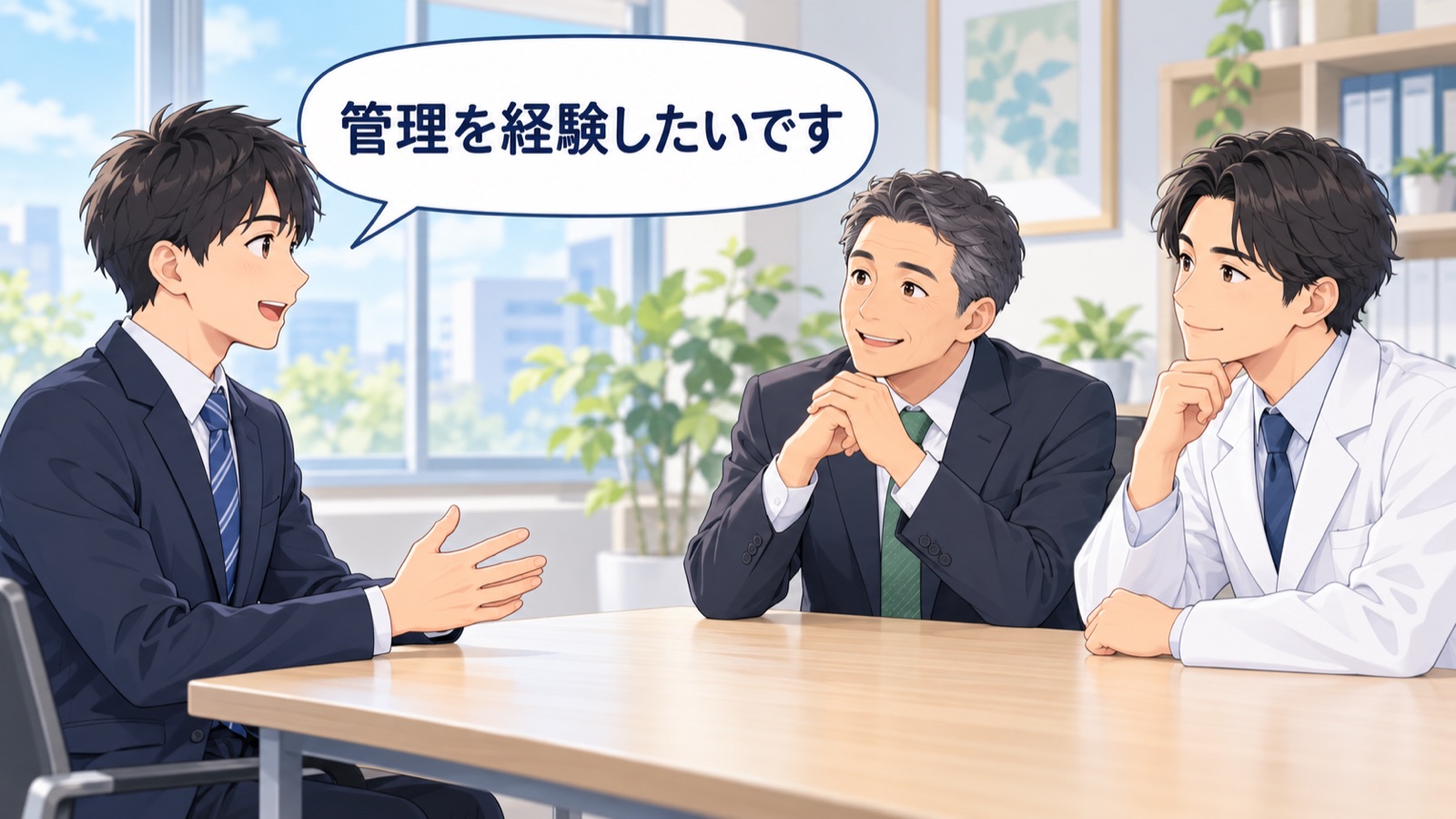 面接の場面のイラスト。机の向こうの社長に、若い薬剤師が管理を経験したいですと伝え、社長と役員がほほえんでいる