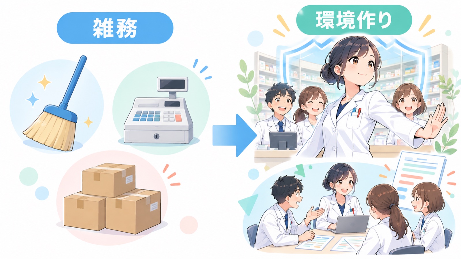 雑務と環境作りを左右で比べた図。左にほうき・レジ・段ボール、右にスタッフの前に立って守る薬剤師と、話し合うスタッフの絵