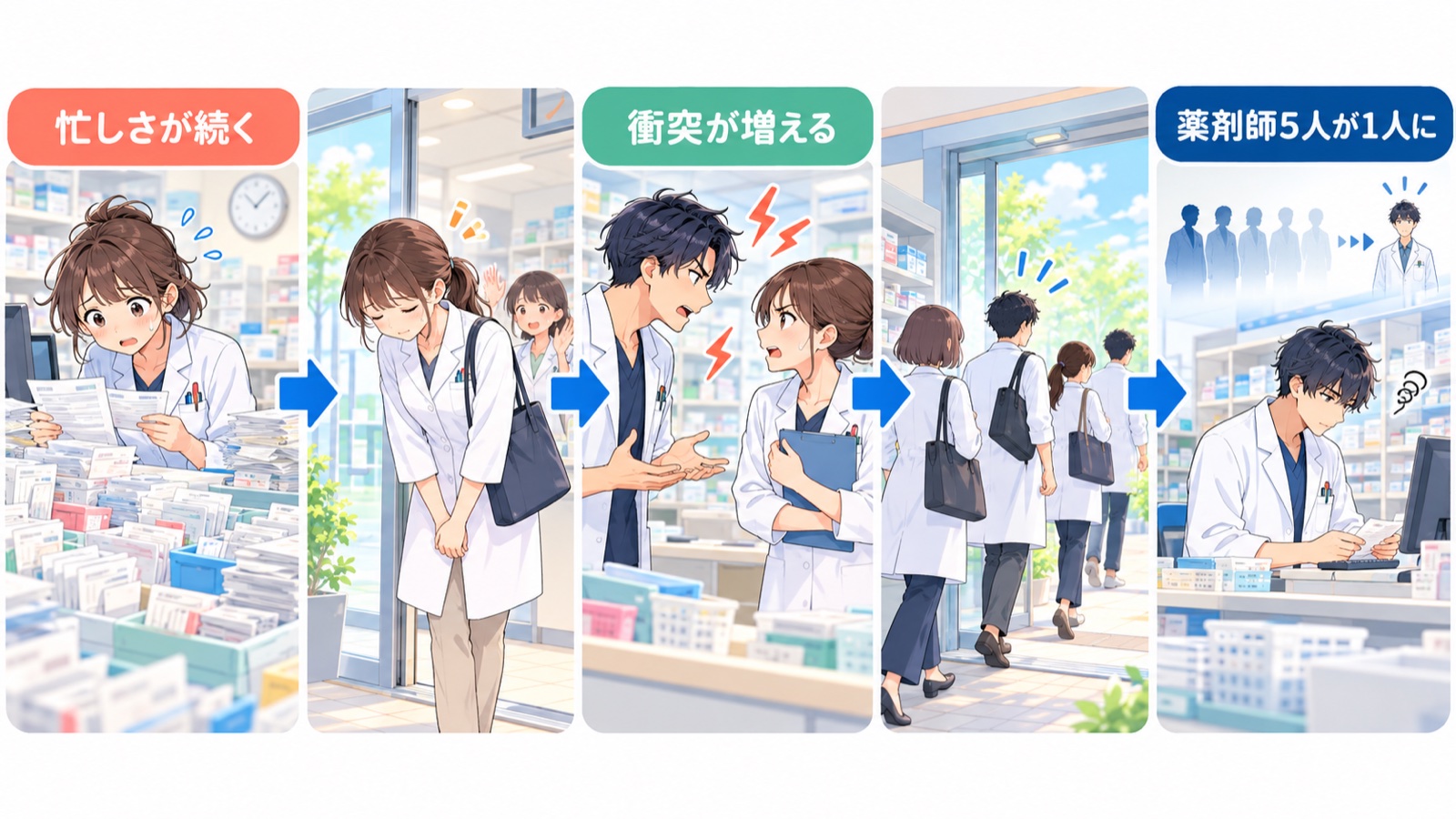 忙しさが続く、緩衝材だった事務スタッフが働き続けられなくなって辞める、スタッフどうしの衝突が増える、退職が続く、薬剤師が5人から1人になる、という連鎖を矢印でつないだ図