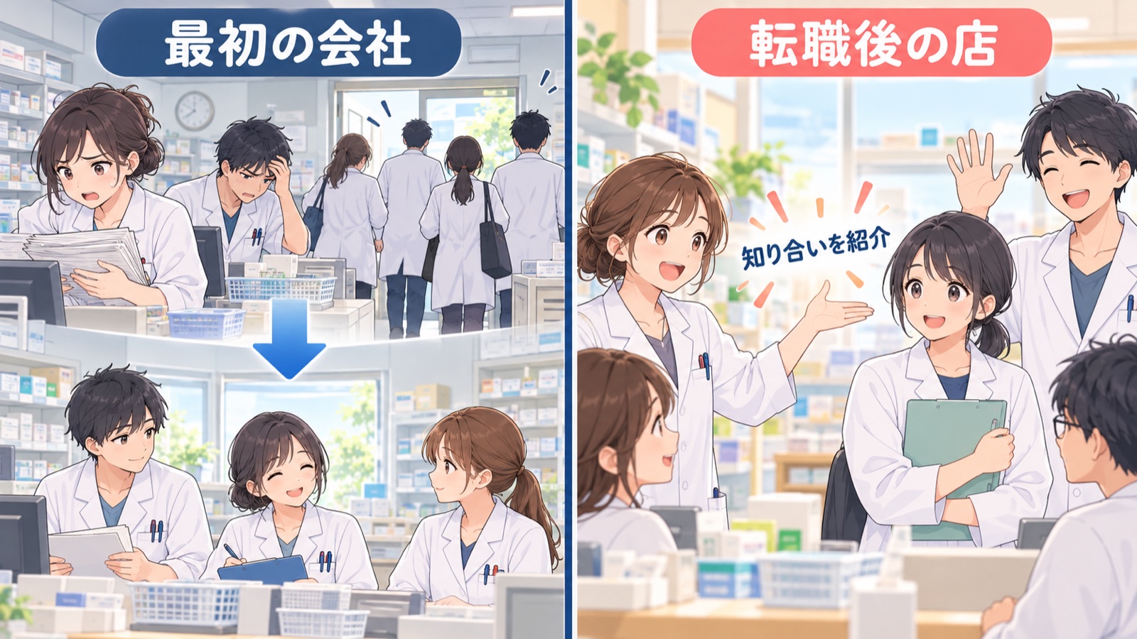 人が次々に辞めた最初の会社の店が落ち着いていく様子と、転職後の店でスタッフが知り合いを紹介している様子を、左右に並べたイラスト
