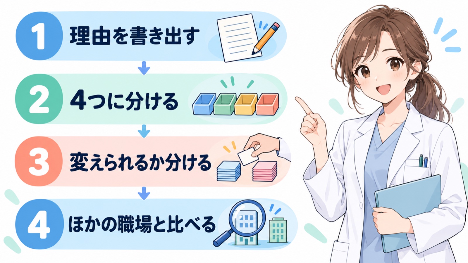1 理由を書き出す、2 4つに分ける、3 変えられるか分ける、4 ほかの職場と比べる、の4つの手順を数字つきで上から順に並べ、横に白衣の薬剤師が立つチェックリストの図