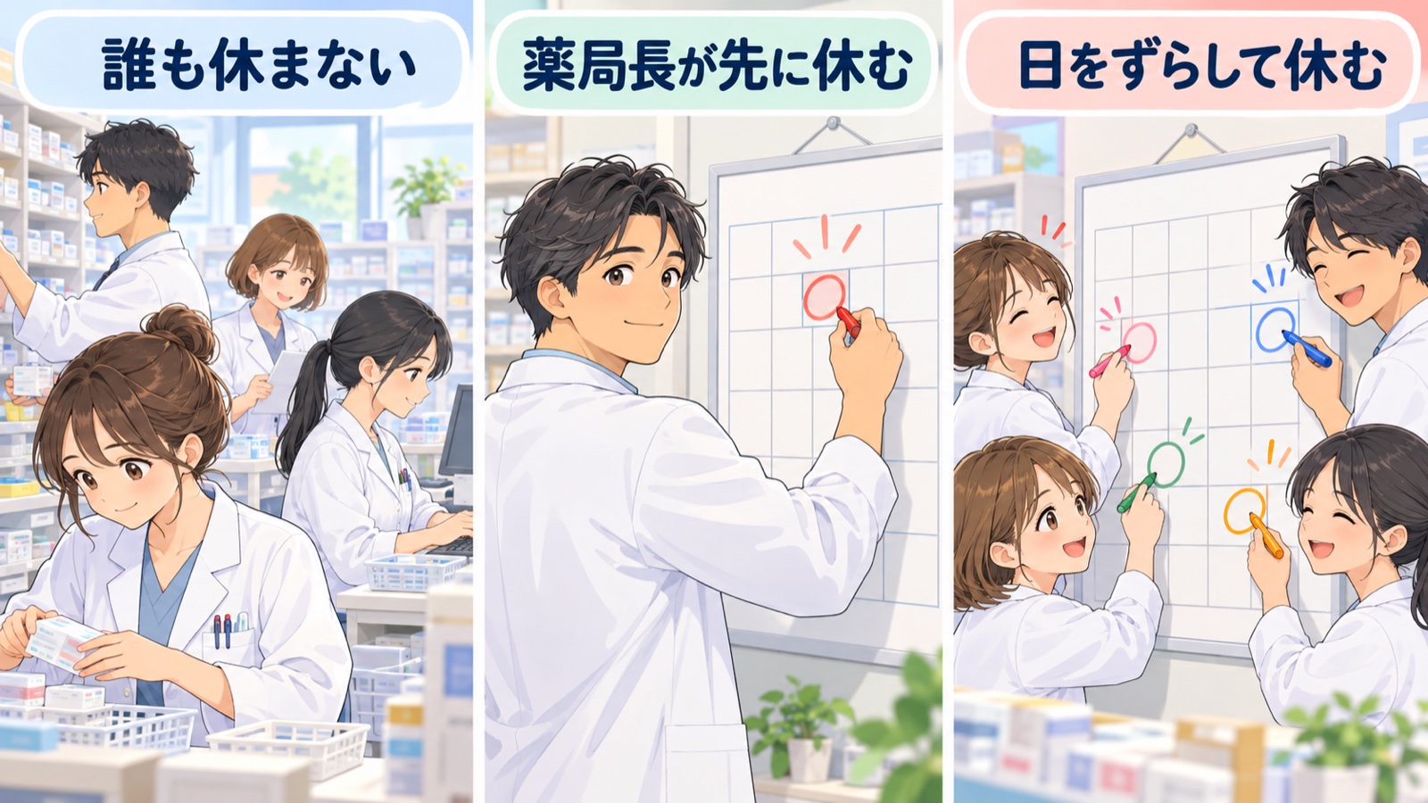 誰も有給を取らない薬局で、薬局長が先に休み、スタッフが日をずらして譲り合って休むようになるまでの3つの場面を左から右へ並べた図